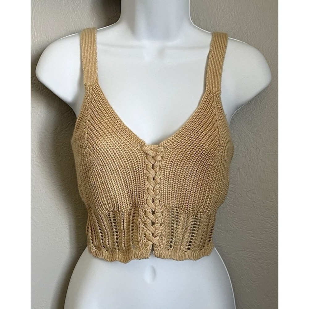 Jolie & Joy Crochet Knit Crop Top Size Medium Beige Boho Festival V-Neck‎ Womens